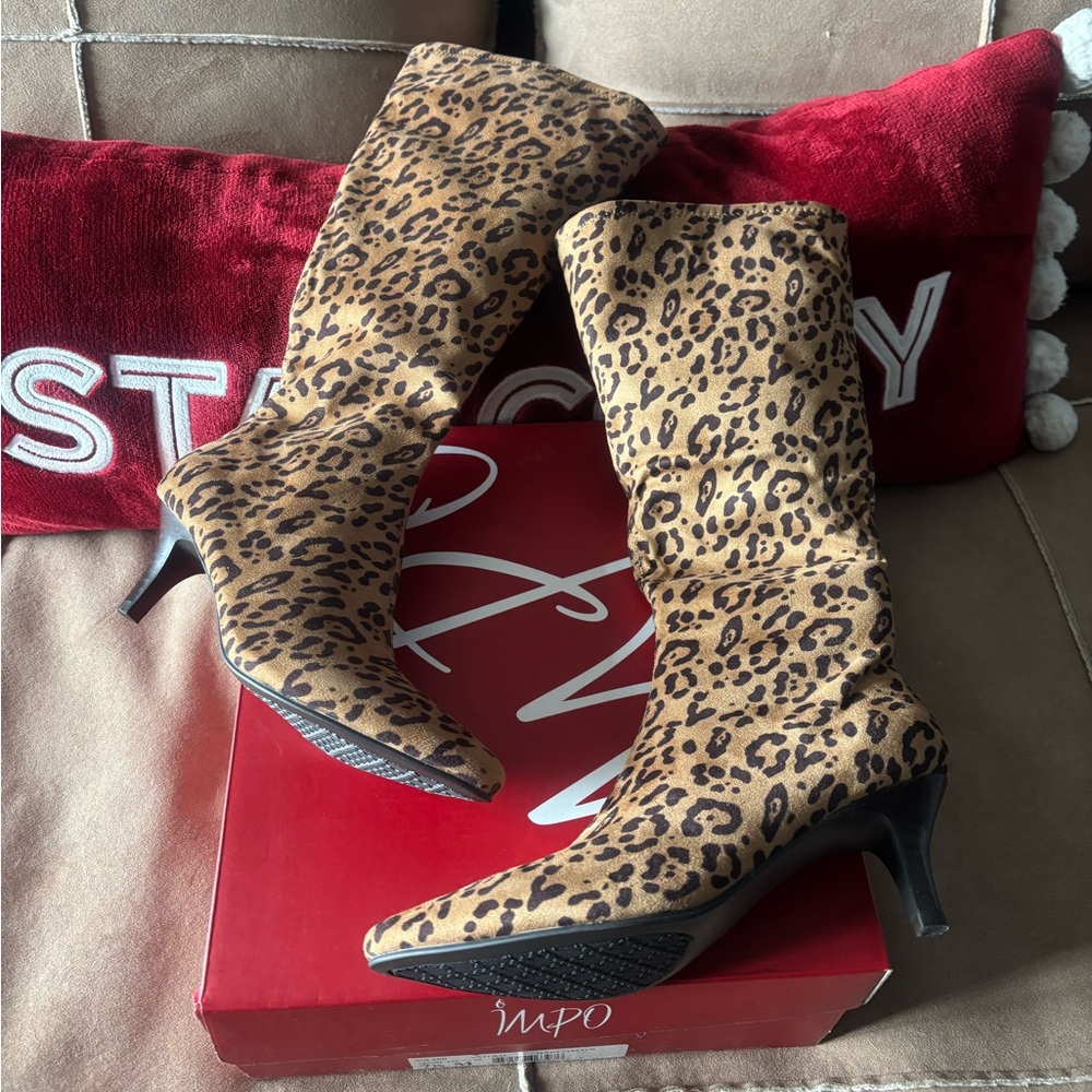 Leopard Print knee high Kitten Heel Boots - Women